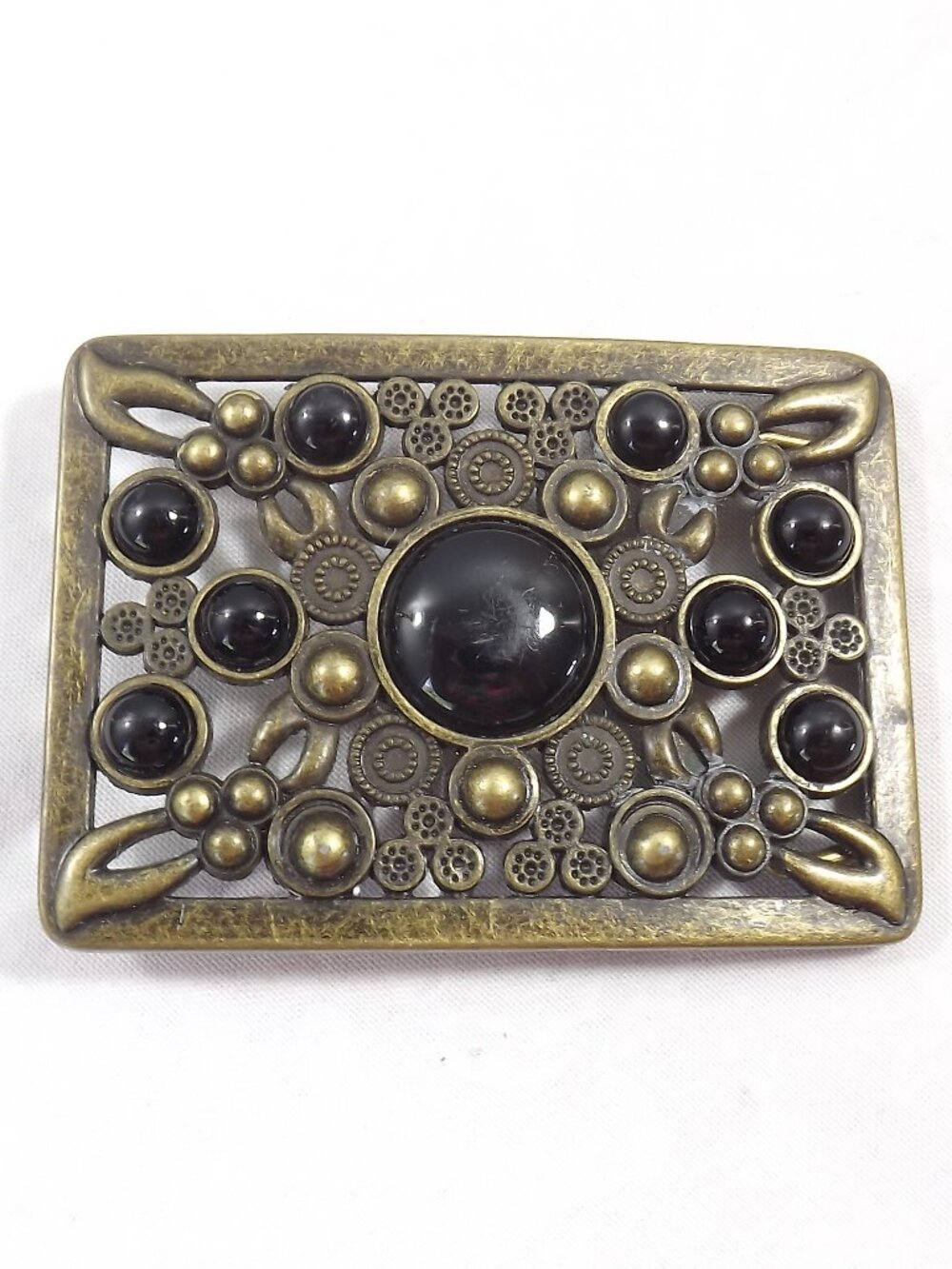 Antique Brass-Tone Floral Filigree Belt Buckle with Black Cabochons